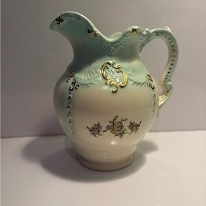 Vintage ARNELS Ceramic Large Pitcher White/Green Roses 11”  **SIGNED** 1977